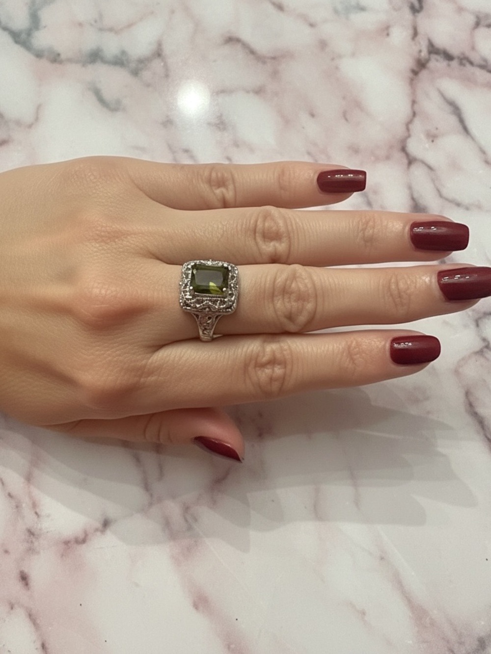 Olive Green Gemstone Filigree Statement Ring - Women Jewelry